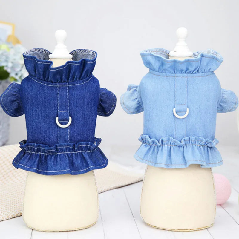 Blue denim pet dress with ruffles and back harness hook for dogs and cats