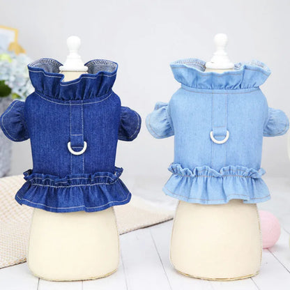 Blue denim pet dress with ruffles and back harness hook for dogs and cats