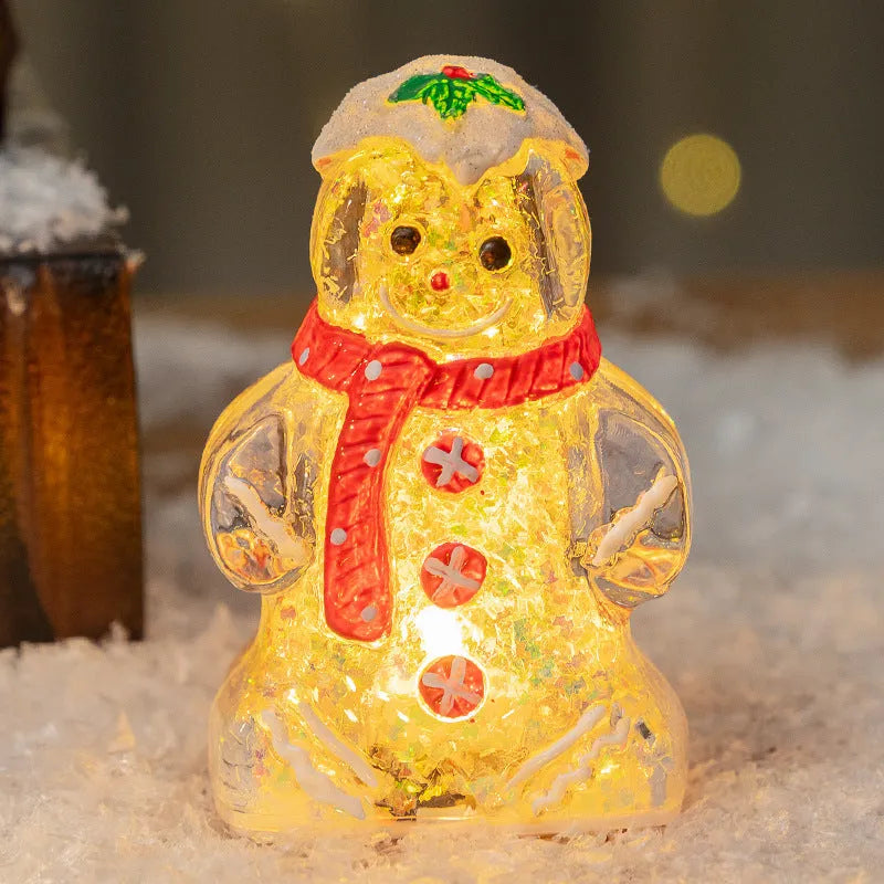 Glowing Christmas gingerbread man and snowman ornaments with LED lights in red, white, and transparent scarf variations