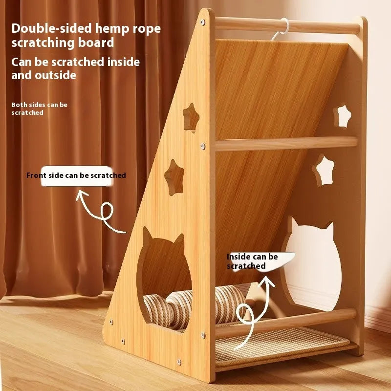 Vertical wall-mounted cat scratch board with sisal surface and hemp rope-covered teasing ball