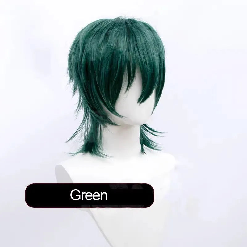 Short-length anime cosplay wig in high-temperature fibre on a stand.