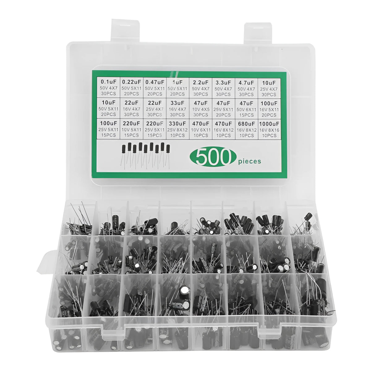 500PCs in-line electrolytic capacitor sample kit box with 24 specifications, aluminium foil and electrolytic paper