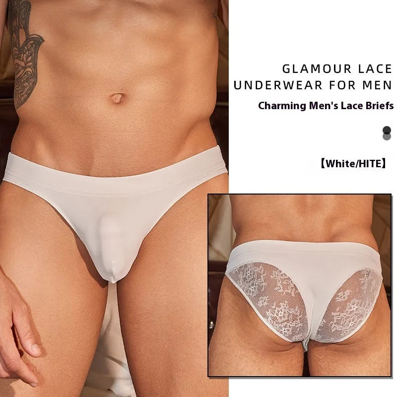 Men's black hip small cut briefs made from shark skin lace polyester fabric