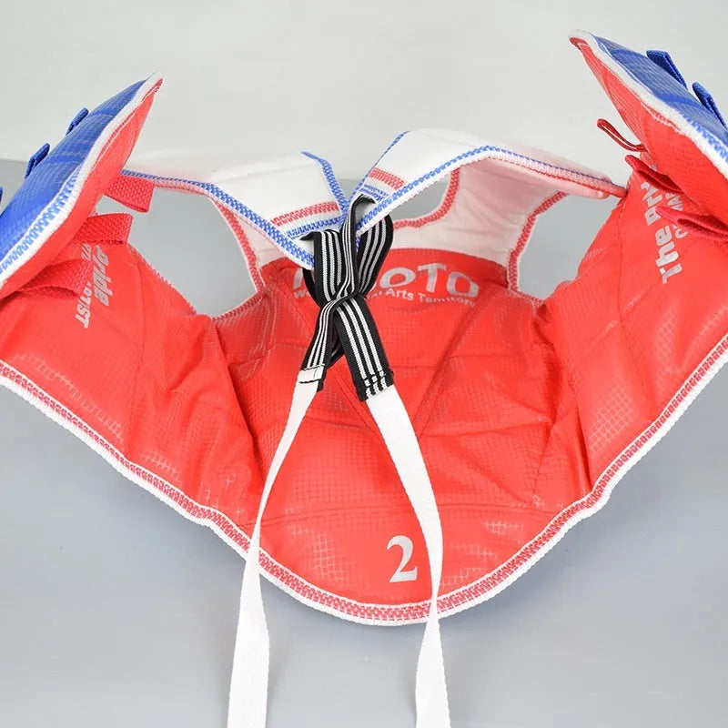 Taekwondo protective gear set in red or blue with four to eight pieces and sizes from 110cm to 190cm