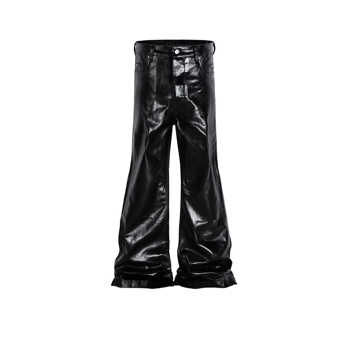 Black shiny patent leather coated skinny jeans with straight leg and mid waist