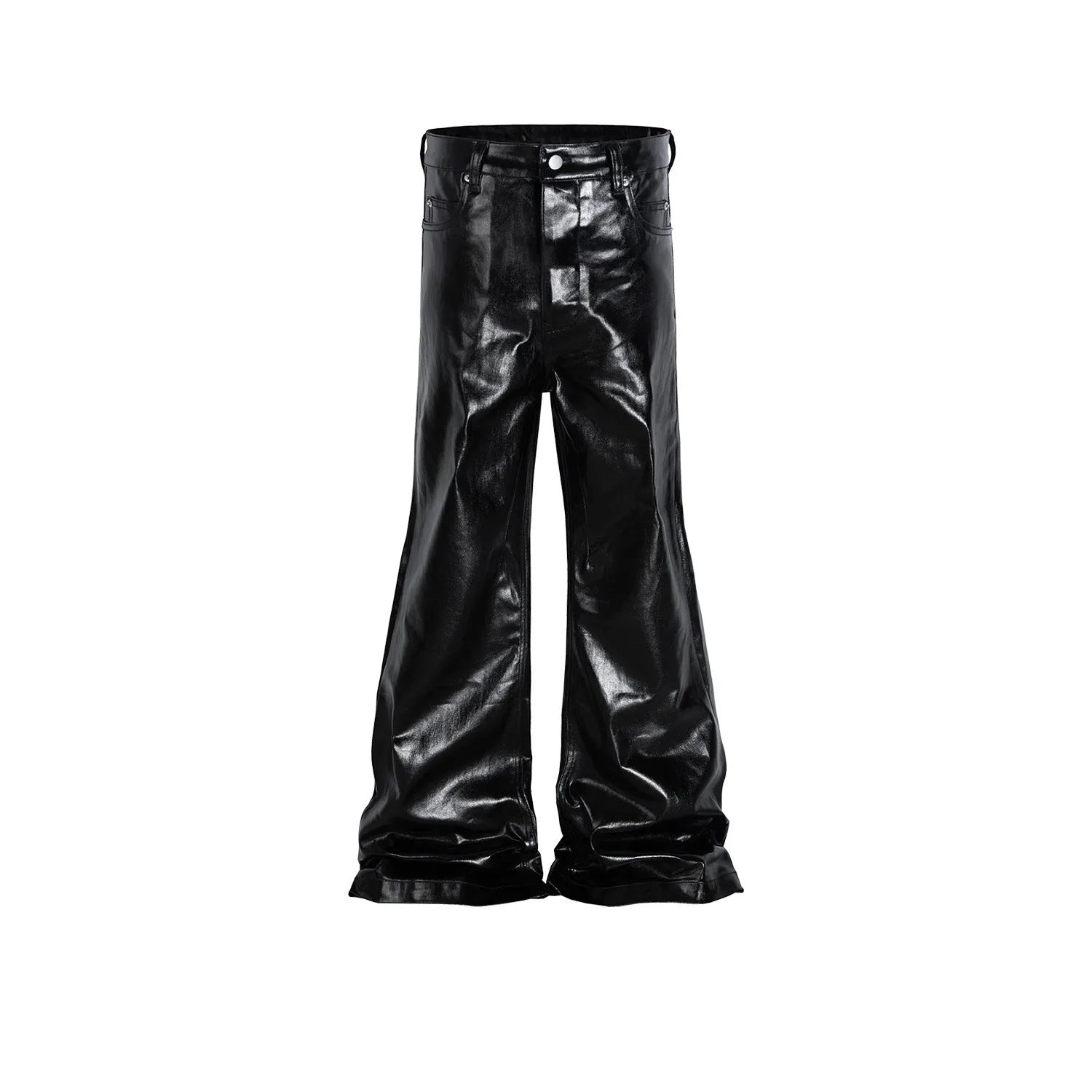 Black shiny patent leather coated skinny jeans with straight leg and mid waist