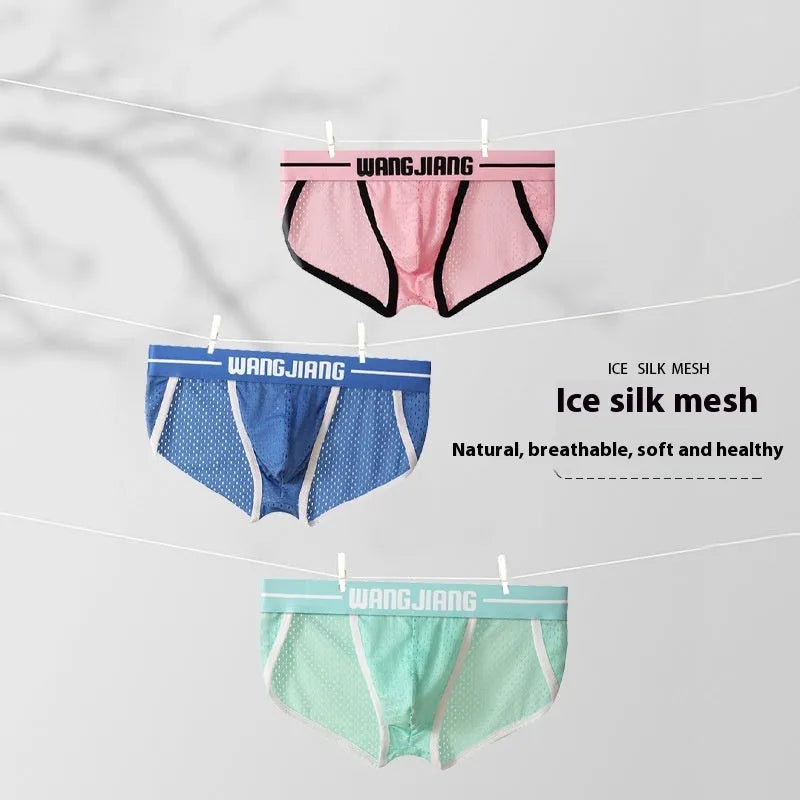Men's solid colour Ice Silk triangle briefs on a white background, showing the mesh fabric texture.