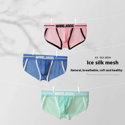 Men's solid colour Ice Silk triangle briefs on a white background, showing the mesh fabric texture.