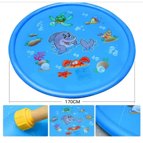 Blue PVC children's water spray play mat with marine animal prints measuring 100cm by 170cm