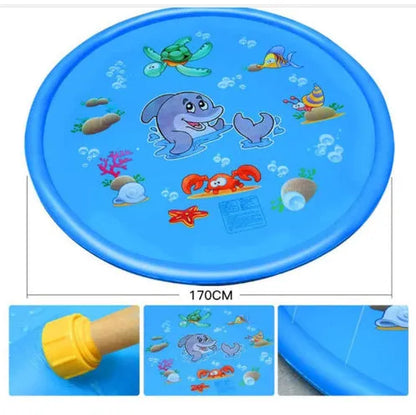 Blue PVC children's water spray play mat with marine animal prints measuring 100cm by 170cm