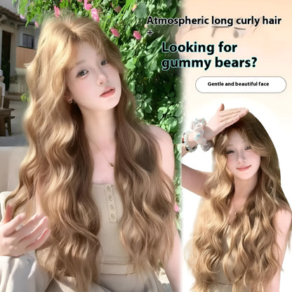 Brown linen medium length curly synthetic wig on display