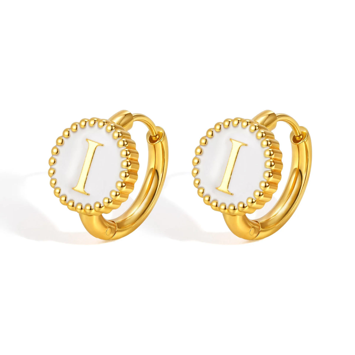 Round gold-tone letter earrings for women in stainless steel with electroplated finish, available in letters A to Z