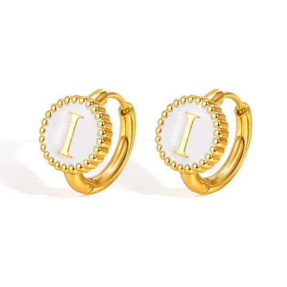 Round gold-tone letter earrings for women in stainless steel with electroplated finish, available in letters A to Z