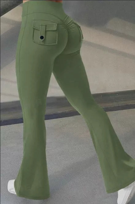 Women's high waist yoga flared pants with pockets and scrunch butt detail in black, brown, and green