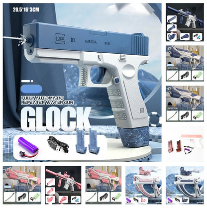 Electric Space Water Gun in blue and pink with USB charging cable