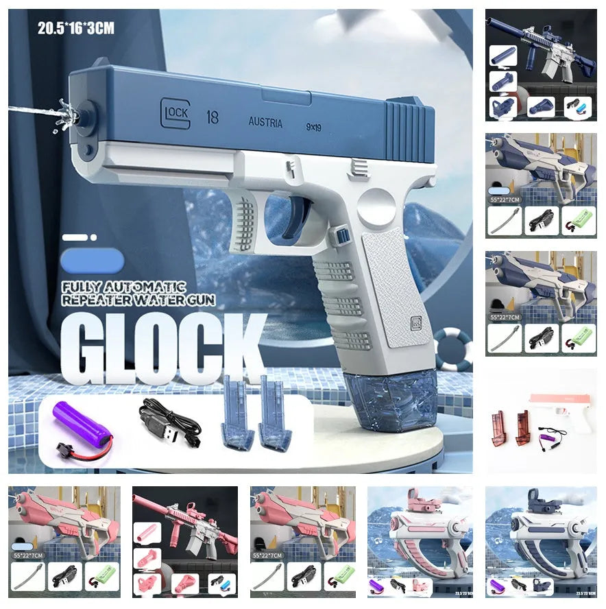 Blue electric water gun with anti-skid grip handle and USB charging port