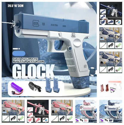 Blue electric water gun with anti-skid grip handle and USB charging port