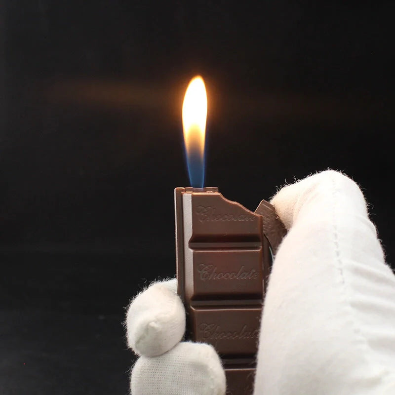 Chocolate-shaped butane torch lighter for cigarettes and cigars, compact and refillable