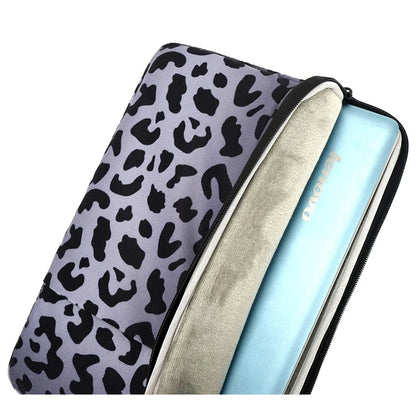 Leopard print laptop protective sleeve for 13 to 16 inch devices on a grey background