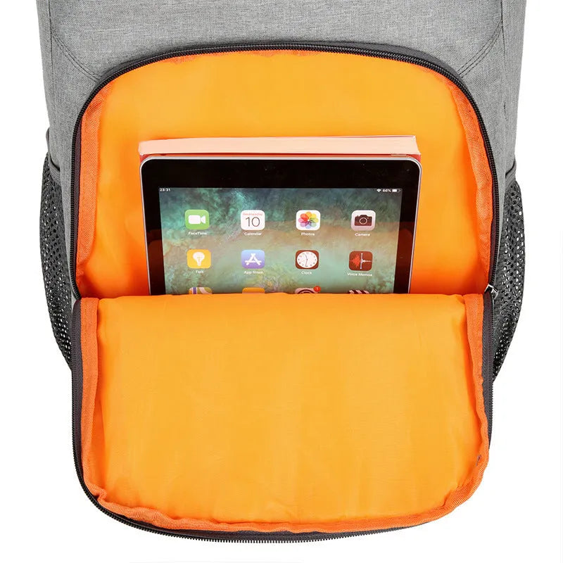 Large Oxford cloth backpack for outdoor thermal picnics with curved shoulder straps in grey with orange accents