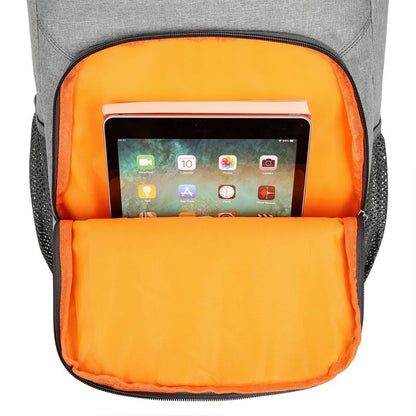 Large Oxford cloth backpack for outdoor thermal picnics with curved shoulder straps in grey with orange accents