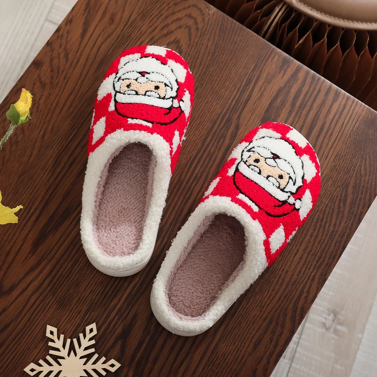Soft, plush Santa Claus plaid slippers with non-slip soles for cozy indoor wear