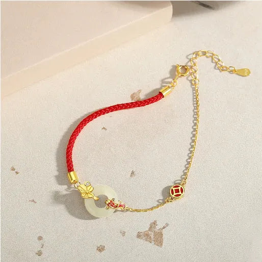 Women's retro 925 silver bracelet with gold electroplated koi fish and peace buckle design