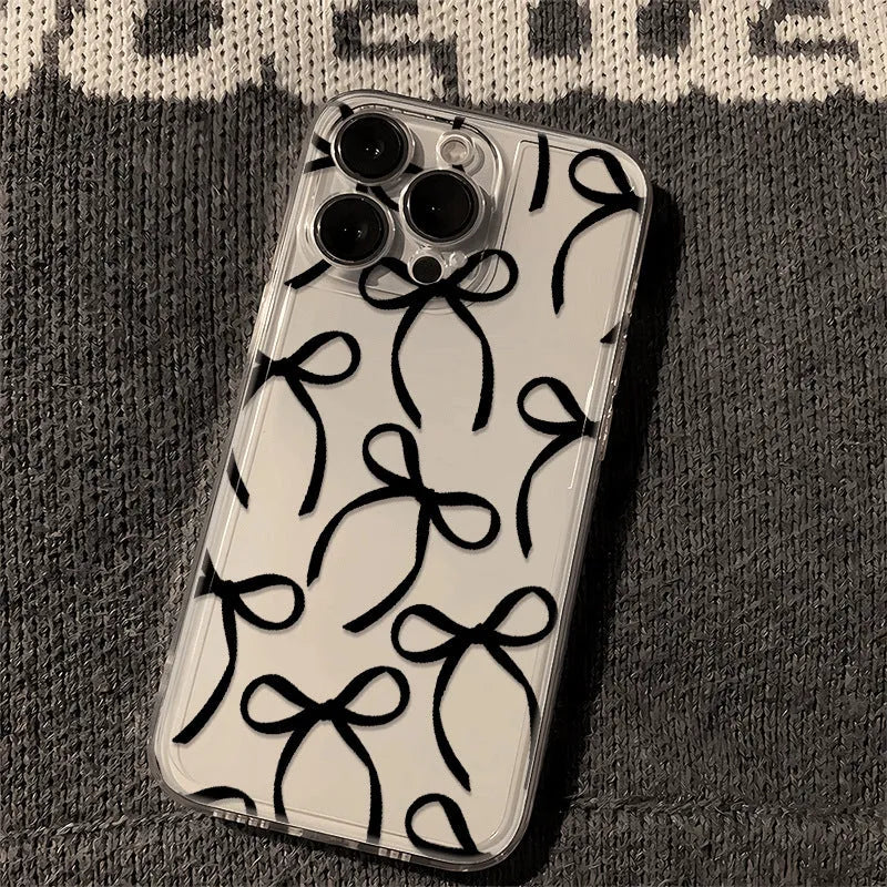 Black Ribbon Bow Phone Case Transparent Soft TPU Anti-Fall Cartoon Style Sprayed Finish Compatible with iPhone 11 to 15 Pro Max and Older Models