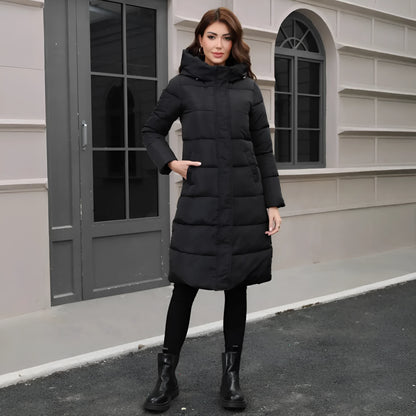 Black hooded slim fit polyester jacket with long sleeves on a model showing cold-resistant construction
