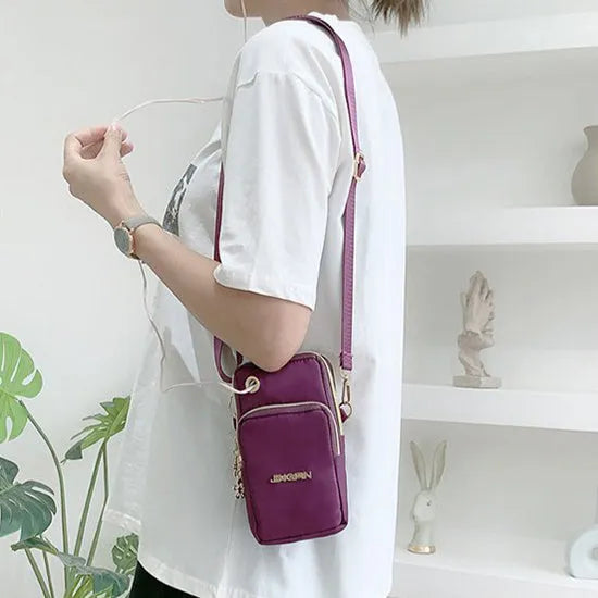 Nylon small crossbody shoulder bag with 3-layer zipper, card slot, square vertical shape, letter pattern, in red, dark blue, black or dark purple.