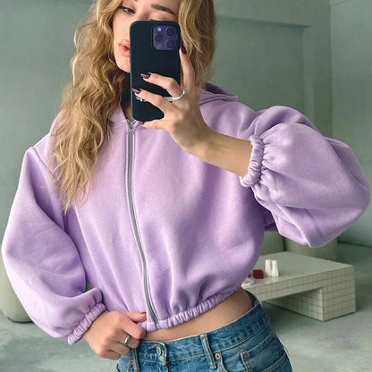Women's solid colour hooded zip-up cardigan in various colours