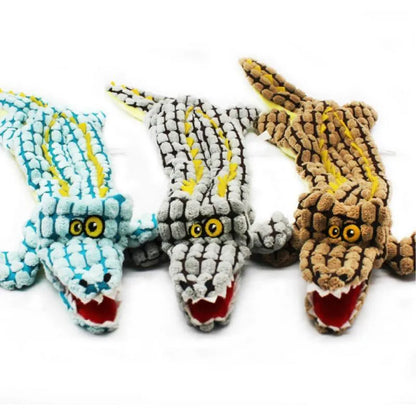 Crocodile-shaped plush dog toy with corduroy texture in blue, coffee brown, or grey colour options