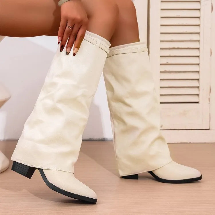 Men's pointed toe high tube pants boots with pleated chunky heel, artificial PU upper, beige colour
