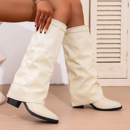 Men's pointed toe high tube pants boots with pleated chunky heel, artificial PU upper, beige colour