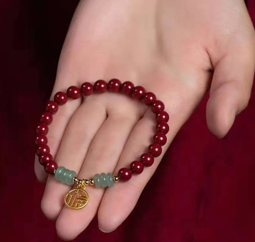 Handmade gold cinnabar wave bracelet with copper beads in national style design