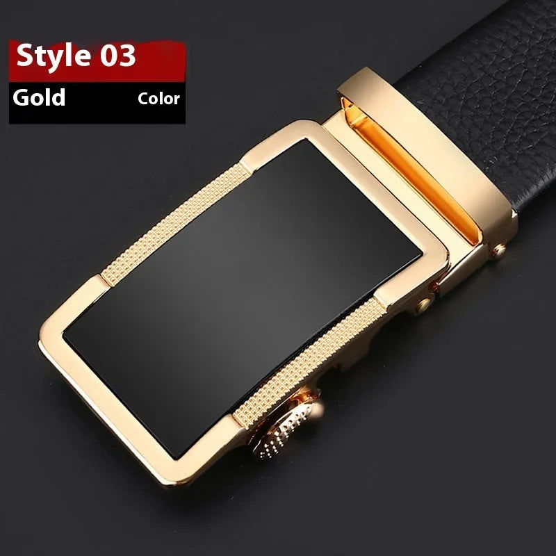Men's leather belt with automatic buckle in gold, silver and gun black colours showing comfort click mechanism