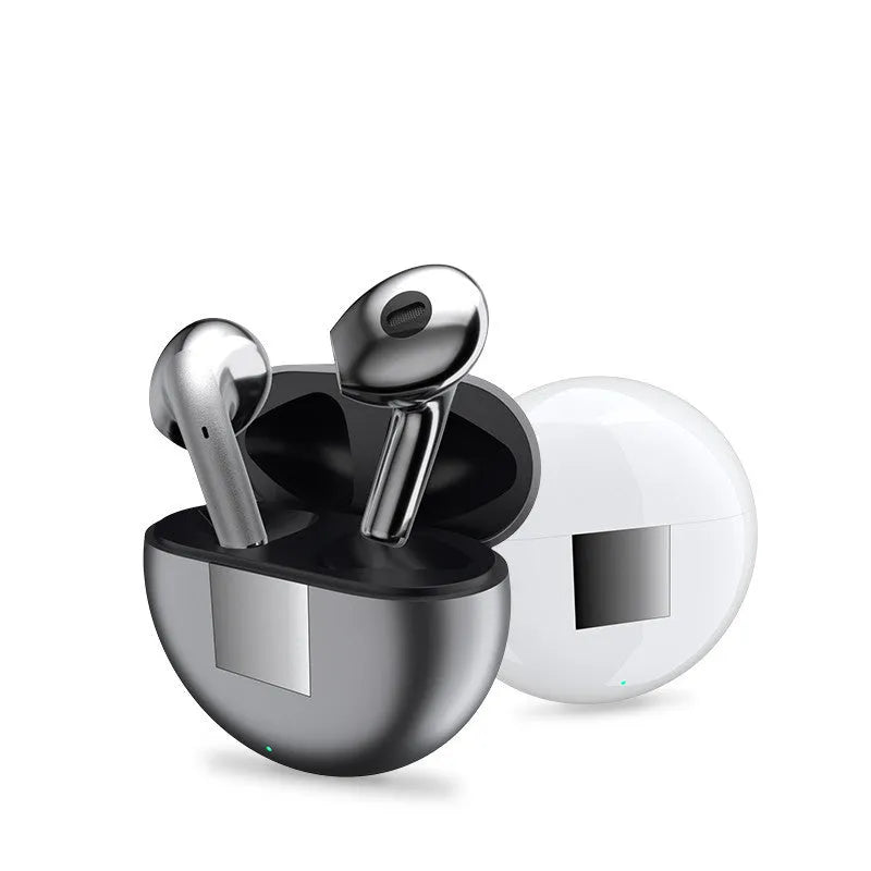 White Wireless Budz5 Bluetooth semi-in-ear headphones with charging compartment showing V5.1 technology