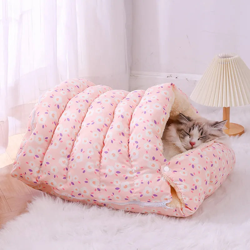 Enclosed winter cat nest with removable cover in a small blue flower print pattern.