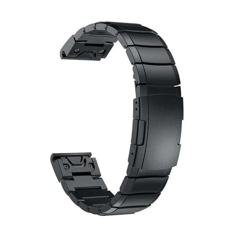 Stainless steel watch band for Garmin Fenix smartwatch, showing straight buckle and metal links.
