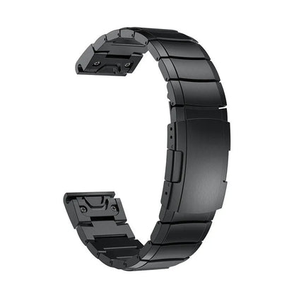 Stainless steel watch band for Garmin Fenix smartwatch, showing straight buckle and metal links.