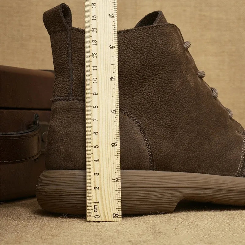 Grey and khaki genuine leather Martin boots with wedge heel and lace-up front