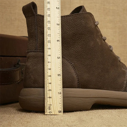 Grey and khaki genuine leather Martin boots with wedge heel and lace-up front
