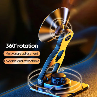 Black telescopic car phone holder extended on a car dashboard, showing phone attached with magnetic mount.
