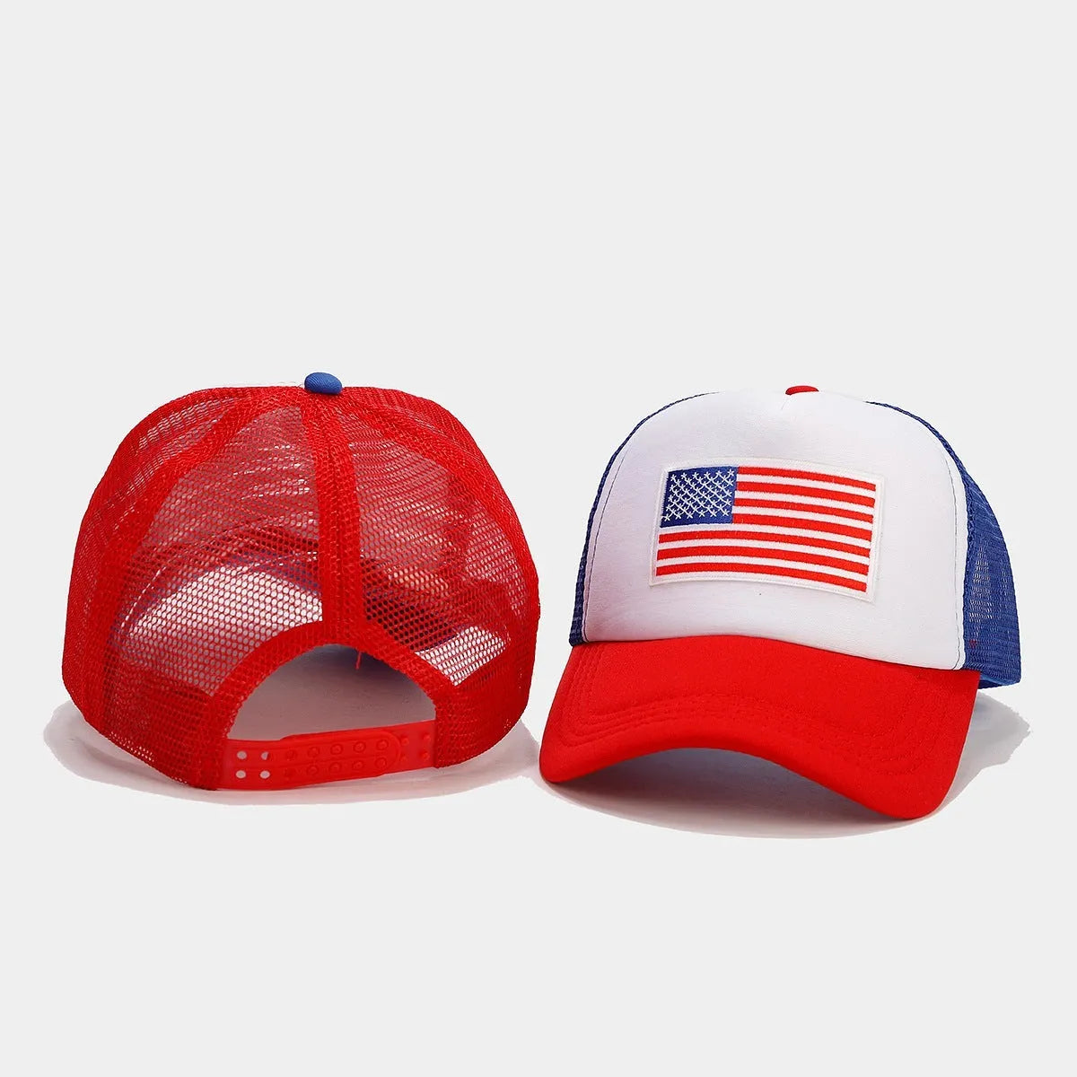 Red and blue contrasting colour breathable mesh baseball cap with adjustable strap