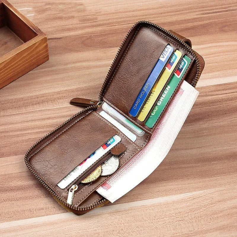 Men's short style bifold PU leather wallet in light brown, black, and dark brown colour options.