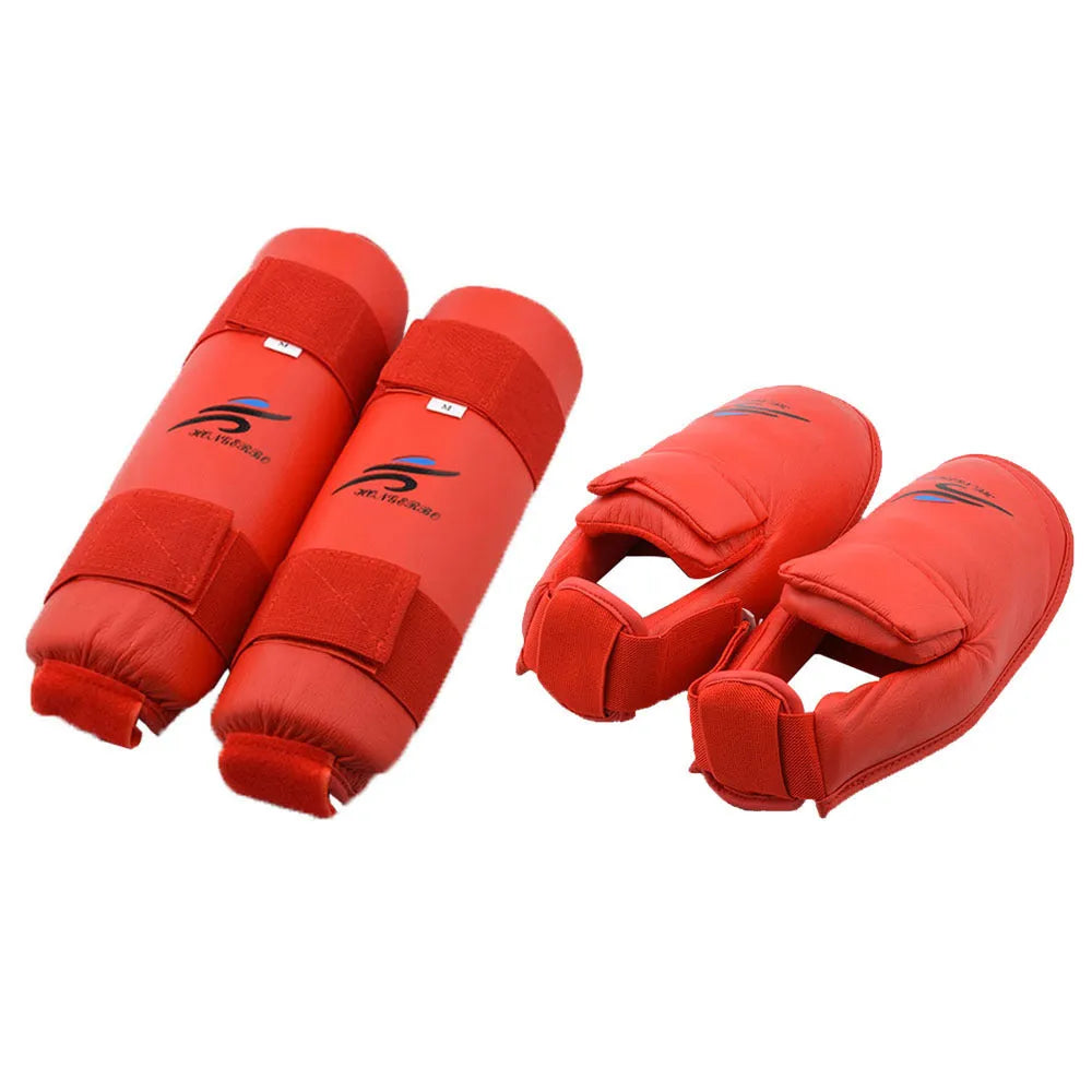 Red and blue karate taekwondo protective gear set with leg guards, helmet, and boxing gloves.