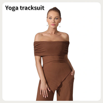 Elegant off-shoulder jumpsuits in various solid colours, including coffee, gray, and light khaki, showcasing a sleek and sophisticated design for the modern British woman.
