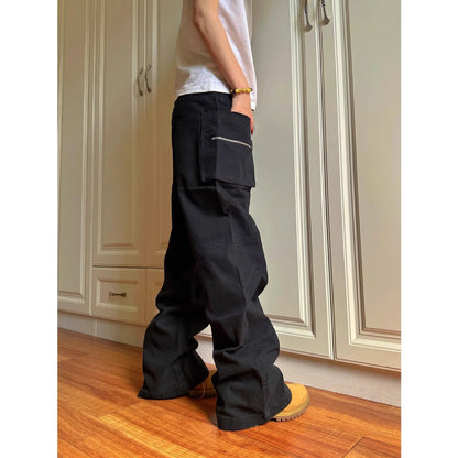 Green and black cotton work trousers with double zip and pockets