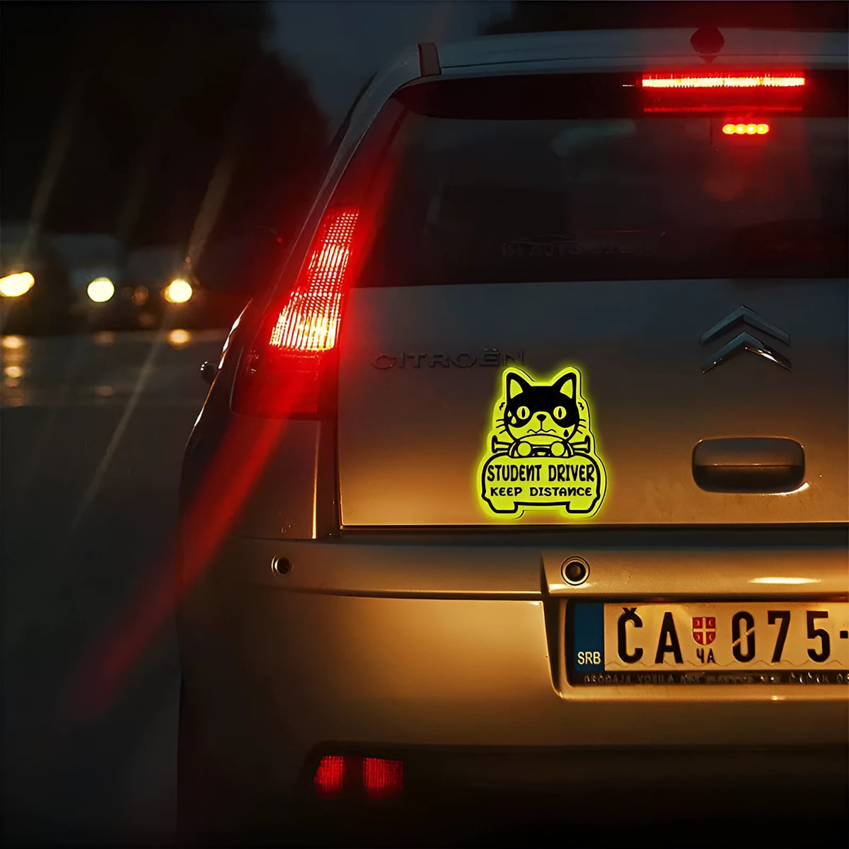 Set of three magnetic reflective stickers showing cat, panda, and duck designs with reflective printing
