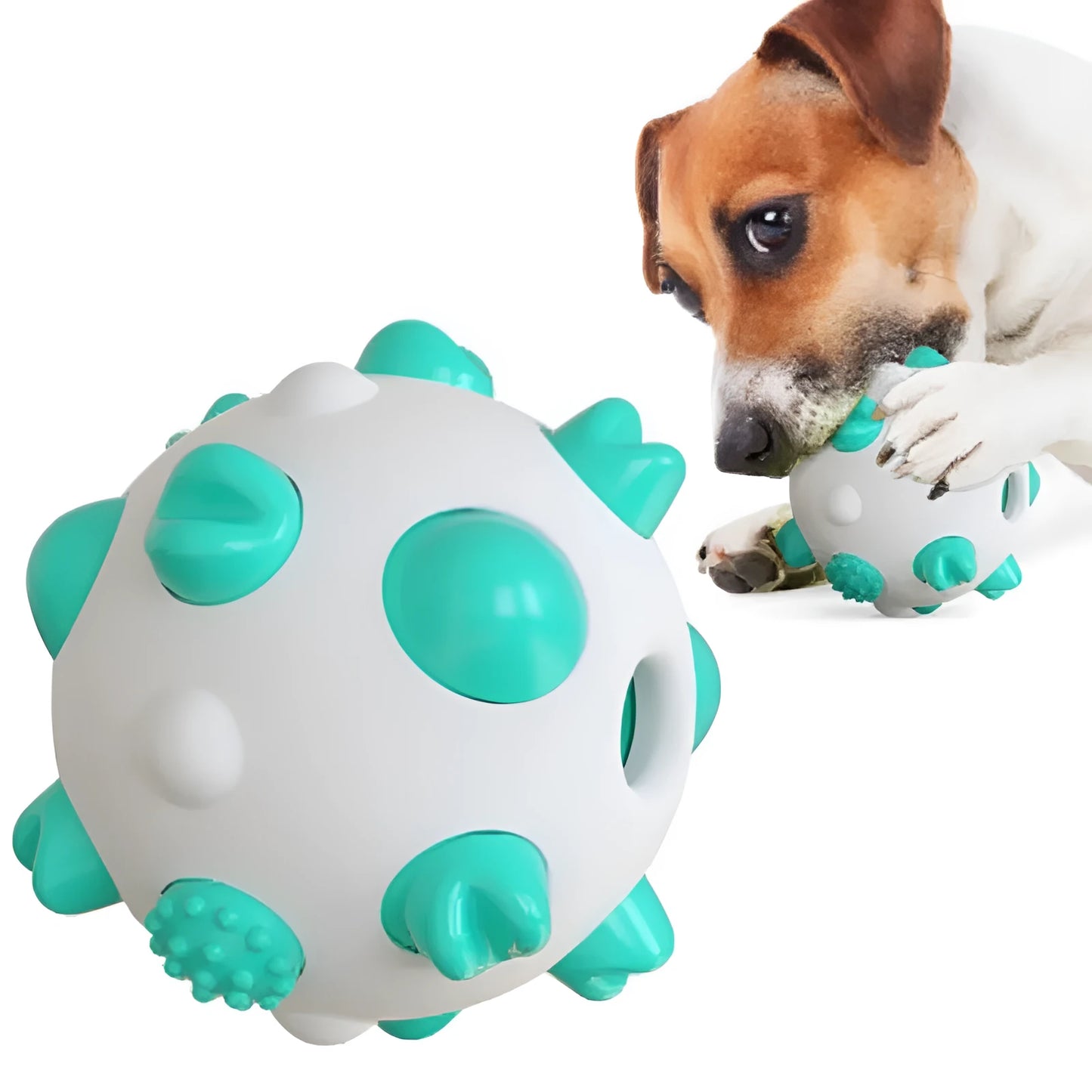 Blue green yellow dog chew ball with textured cleaning bumps and hollow treat-dispensing centre.